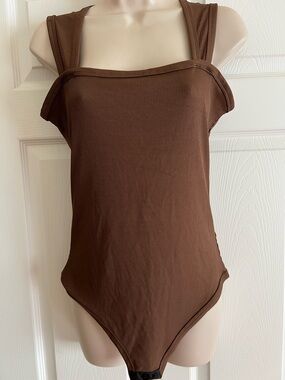 Unbranded Brown Body Suit Size L Wide Straps Crotch snaps Ribbed knit Poly/spand